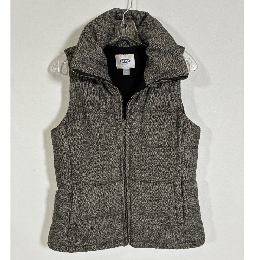 Old Navy Womens Gray Herringbone Puffer Vest Wool Blend Funnel Neck Small